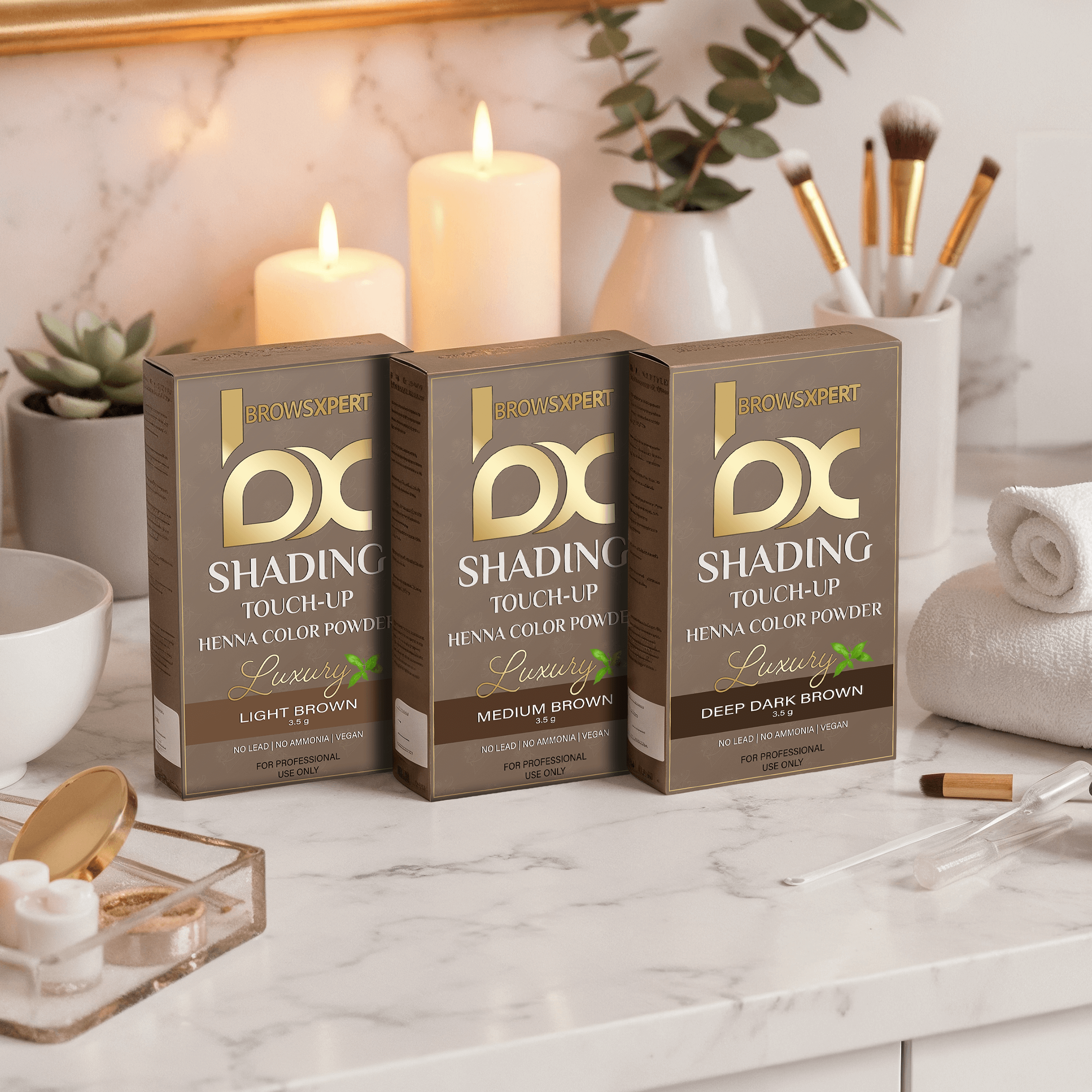 BROWSXPERT henna and brow coloring kits in light, medium, and deep brown tones. Professional vegan formula for natural, long-lasting brow tinting and definition.