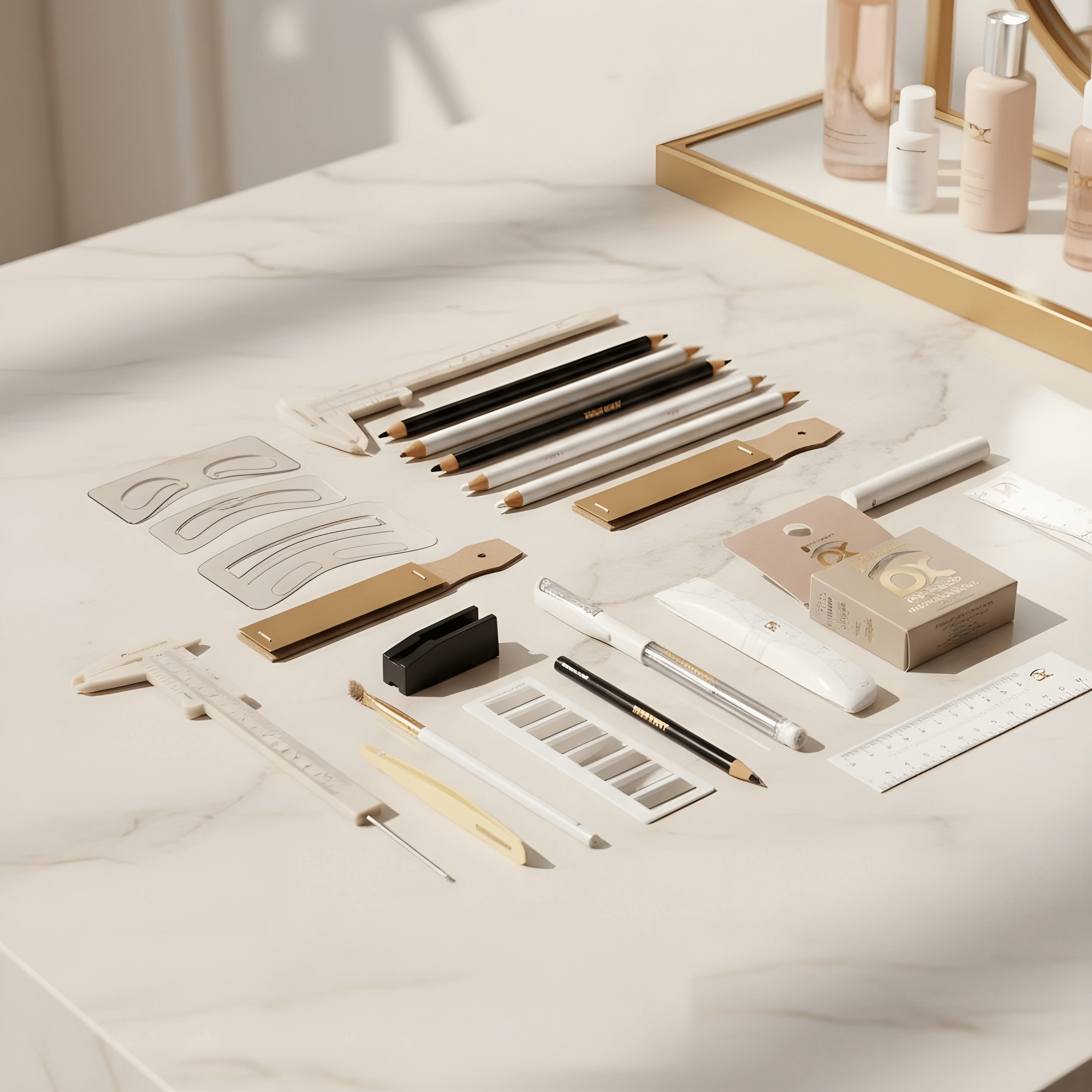 Professional brow mapping and measuring tools by BROWSXPERT, including calipers, pre-inked strings, stencils, and rulers for precision and symmetry in eyebrow design.