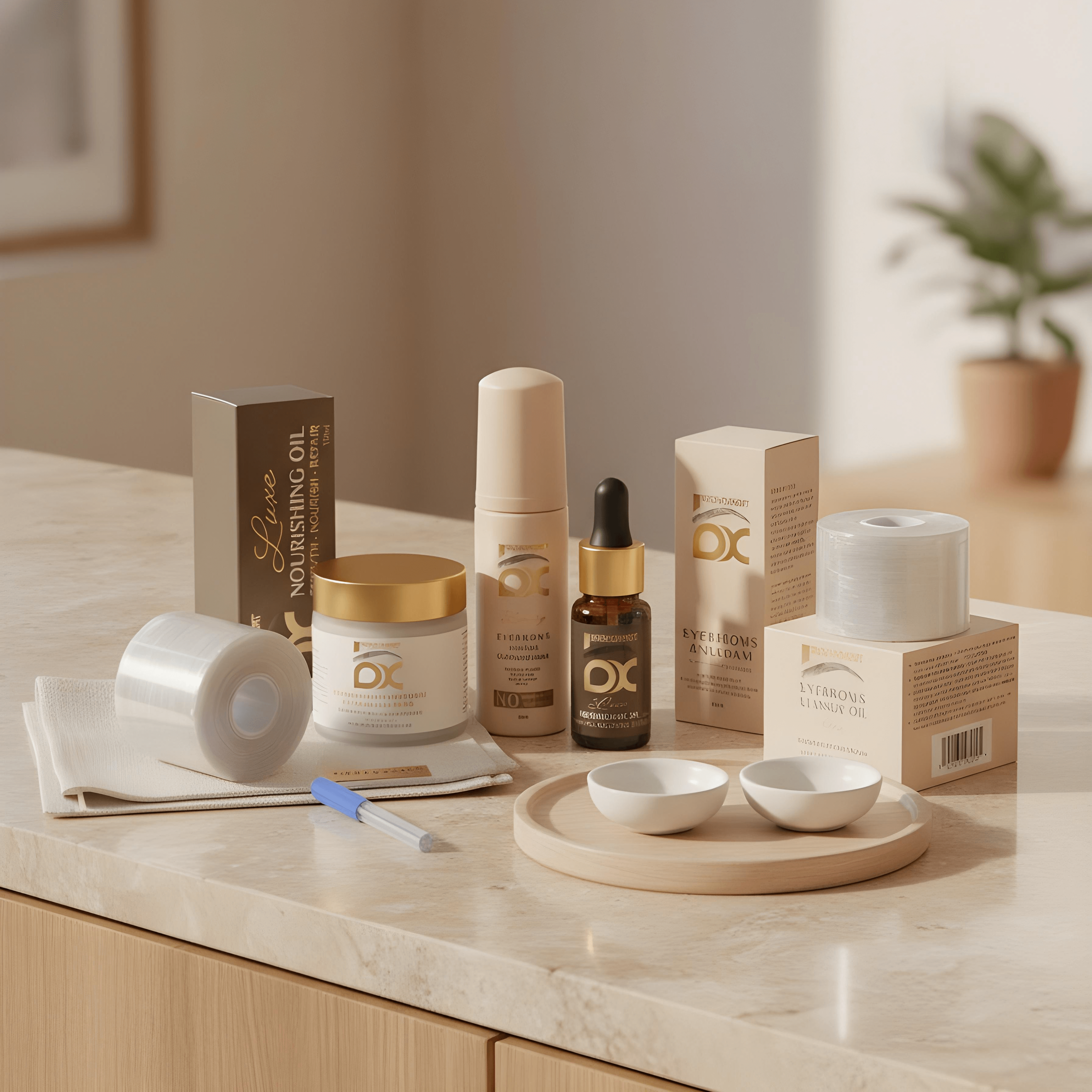 BROWSXPERT professional skin prep and aftercare products, including gentle cleanser foam, nourishing oil, exfoliating scrub, and plastic film wrap for clean and safe brow treatments.