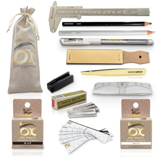 BROWSXPERT Master Brow Mapping Kit – 1 Caliper, 2 Pre-Inked Threads (Black & White), 2 Pencils (Black & White), 1 Marker, 2 Sharpeners, 10 Stencils, 10 Sticky Rulers & 1 Tweezers for Professionals