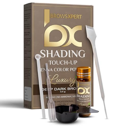 Kit de retoque de sombreado profesional BROWSXPERT — Henna herbal con plato de mezcla, batidor y brocha | 3.5g | Marrón profundo natural oscuro