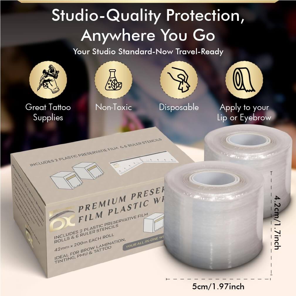 BROWSXPERT Preservative Plastic Film Wrap – 2 Rolls 42mm x 200m + 6 Eyebrow Ruler Stencils | Transparent Cling Film for Brow Lamination, Microblading, Tattoo, PMU, Lip Blush & Eyebrow Tinting | Tools