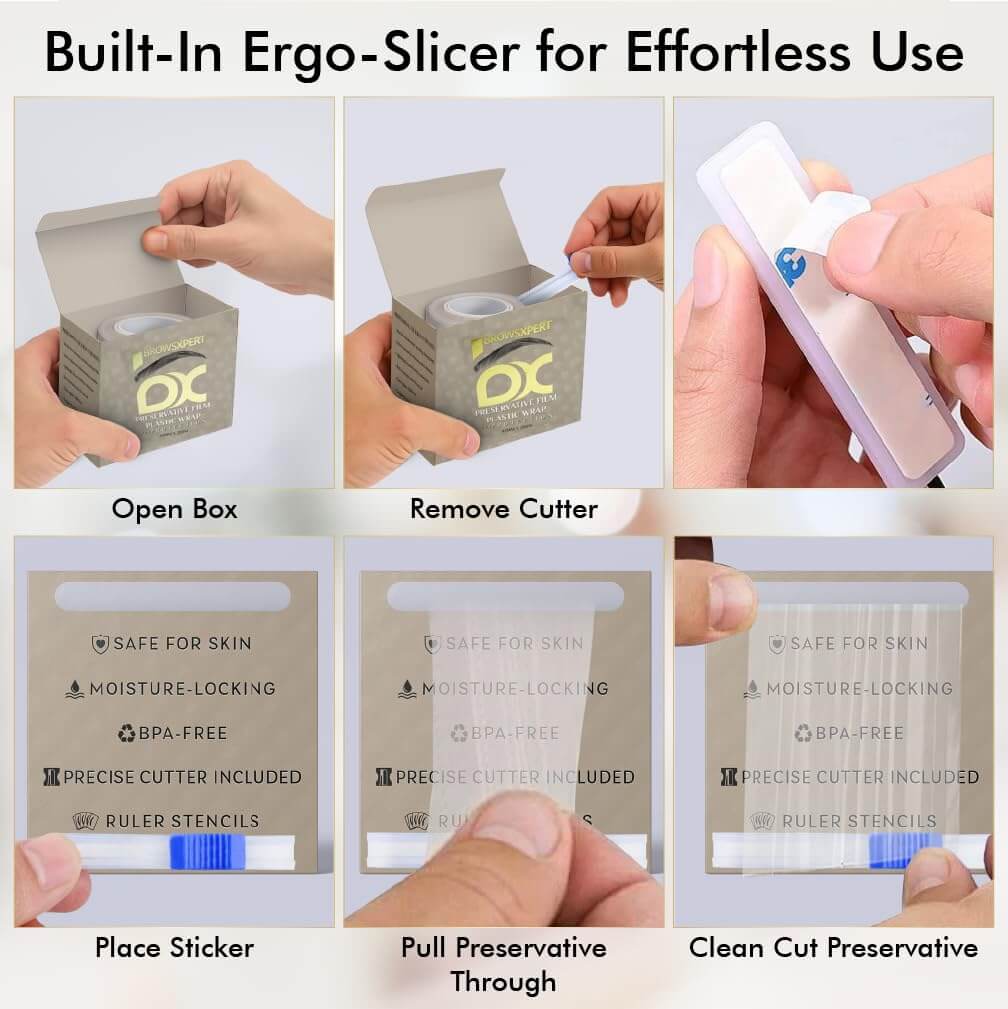 BROWSXPERT Preservative Plastic Film Wrap – 2 Rolls 42mm x 200m + 6 Eyebrow Ruler Stencils | Transparent Cling Film for Brow Lamination, Microblading, Tattoo, PMU, Lip Blush & Eyebrow Tinting | Tools