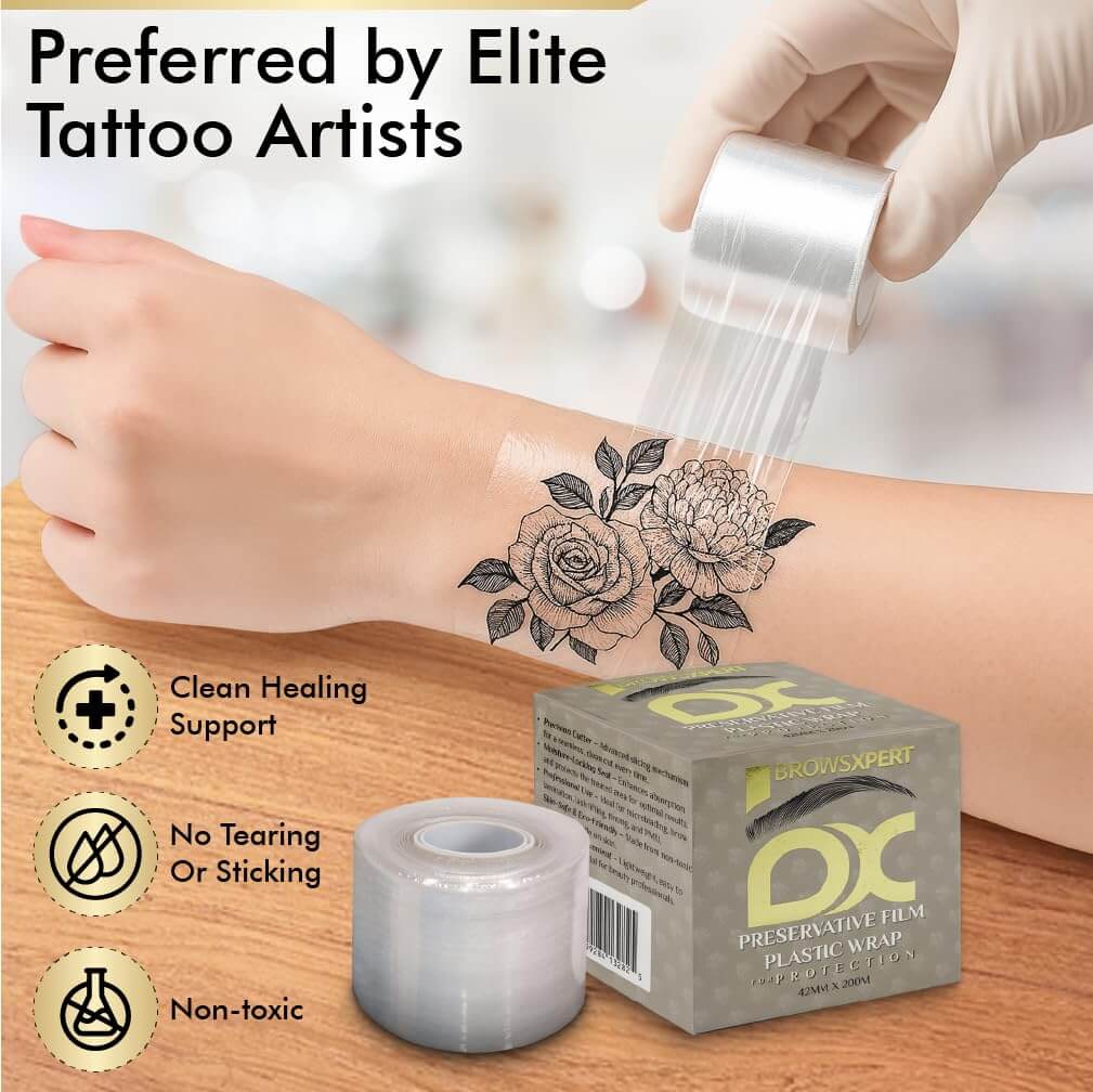 BROWSXPERT Preservative Plastic Film Wrap – 2 Rolls 42mm x 200m + 6 Eyebrow Ruler Stencils | Transparent Cling Film for Brow Lamination, Microblading, Tattoo, PMU, Lip Blush & Eyebrow Tinting | Tools