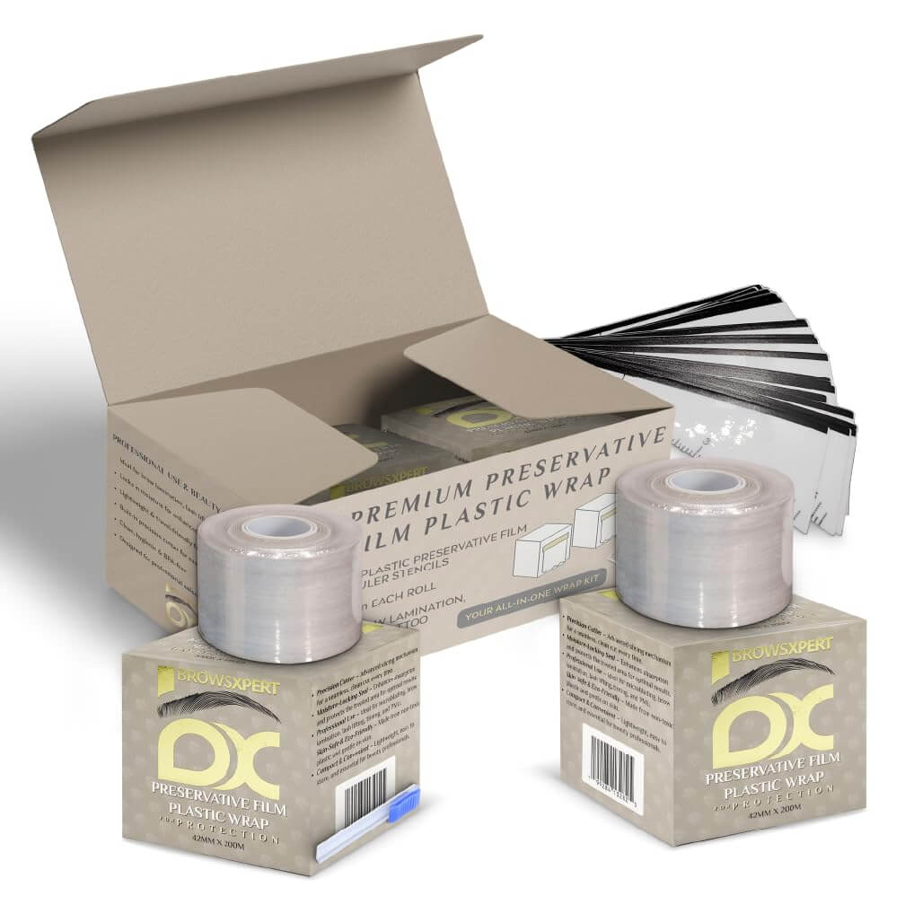 BROWSXPERT Preservative Plastic Film Wrap – 2 Rolls 42mm x 200m + 6 Eyebrow Ruler Stencils | Transparent Cling Film for Brow Lamination, Microblading, Tattoo, PMU, Lip Blush & Eyebrow Tinting | Tools