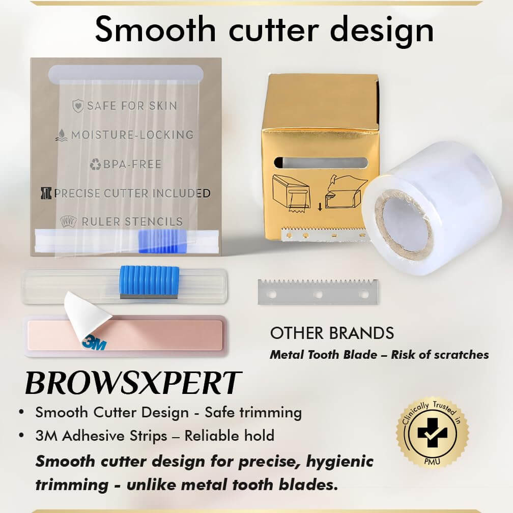 BROWSXPERT Preservative Plastic Film Wrap – 2 Rolls 42mm x 200m + 6 Eyebrow Ruler Stencils | Transparent Cling Film for Brow Lamination, Microblading, Tattoo, PMU, Lip Blush & Eyebrow Tinting | Tools