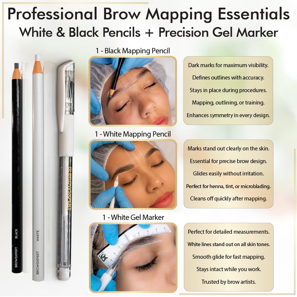BROWSXPERT Master Brow Mapping Kit – 1 Caliper, 2 Pre-Inked Threads (Black & White), 2 Pencils (Black & White), 1 Marker, 2 Sharpeners, 10 Stencils, 10 Sticky Rulers & 1 Tweezers for Professionals