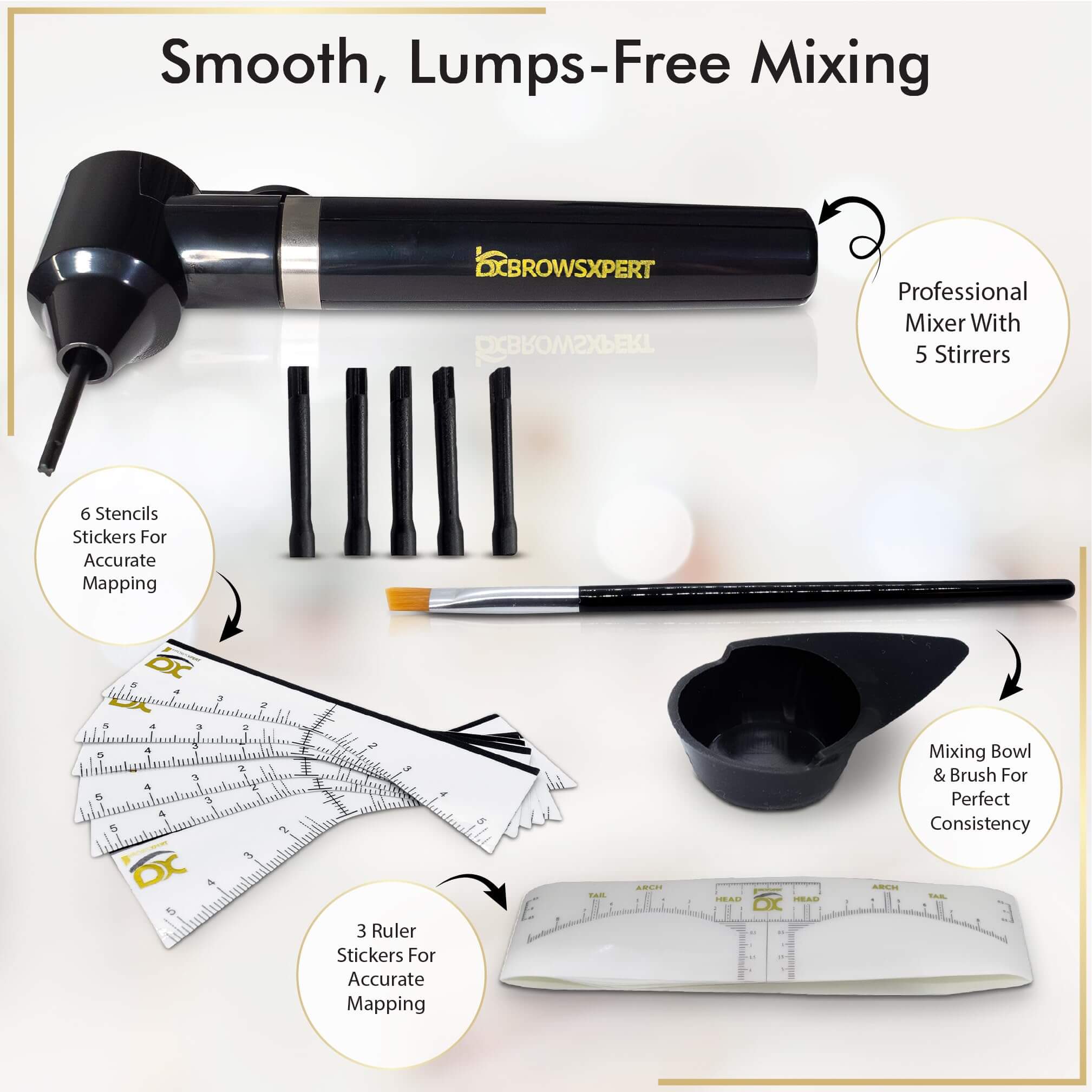 BROWSXPERT Electric Mixer Kit – Pigment Mixer Machine, 5 Mixing Sticks Stirring Tool for Pigment, Henna & Tinting + Bowl, Brush, 6 Stencils & 3 Sticky Rulers – Skin Prep & Mapping Accesories