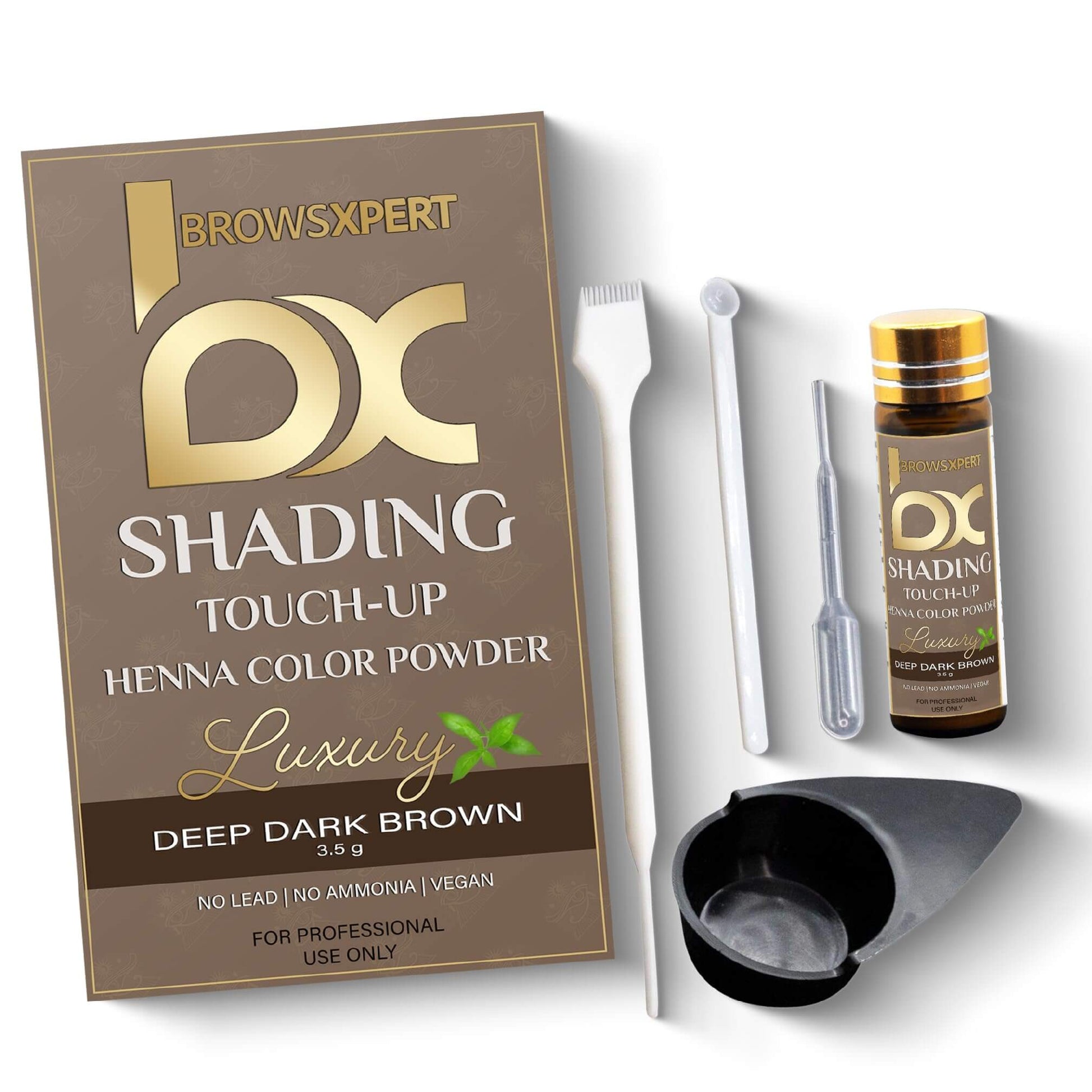 Kit de retoque de sombreado profesional BROWSXPERT — Henna herbal con plato de mezcla, batidor y brocha | 3.5g | Marrón profundo natural oscuro