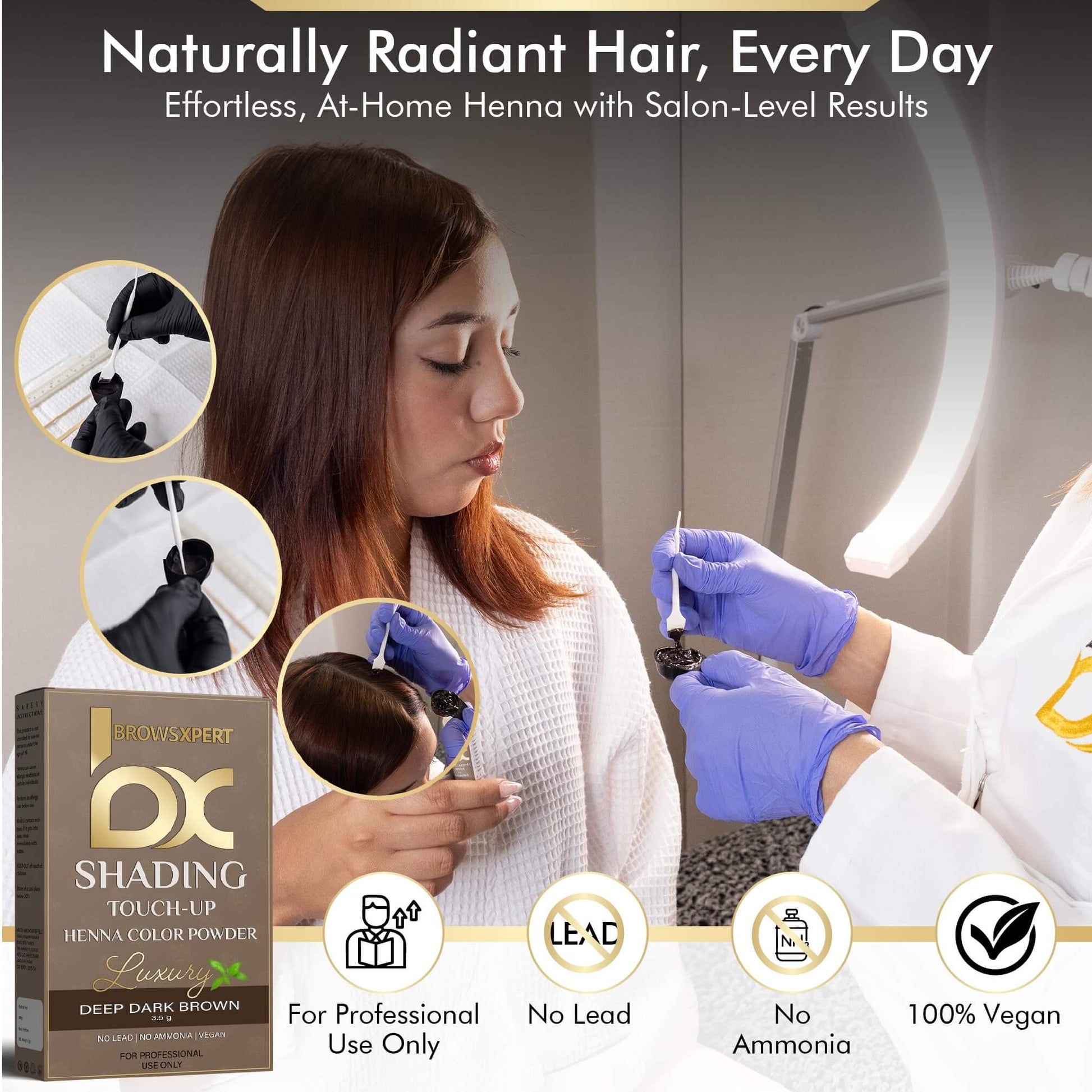 Kit de retoque de sombreado profesional BROWSXPERT — Henna herbal con plato de mezcla, batidor y brocha | 3.5g | Marrón profundo natural oscuro