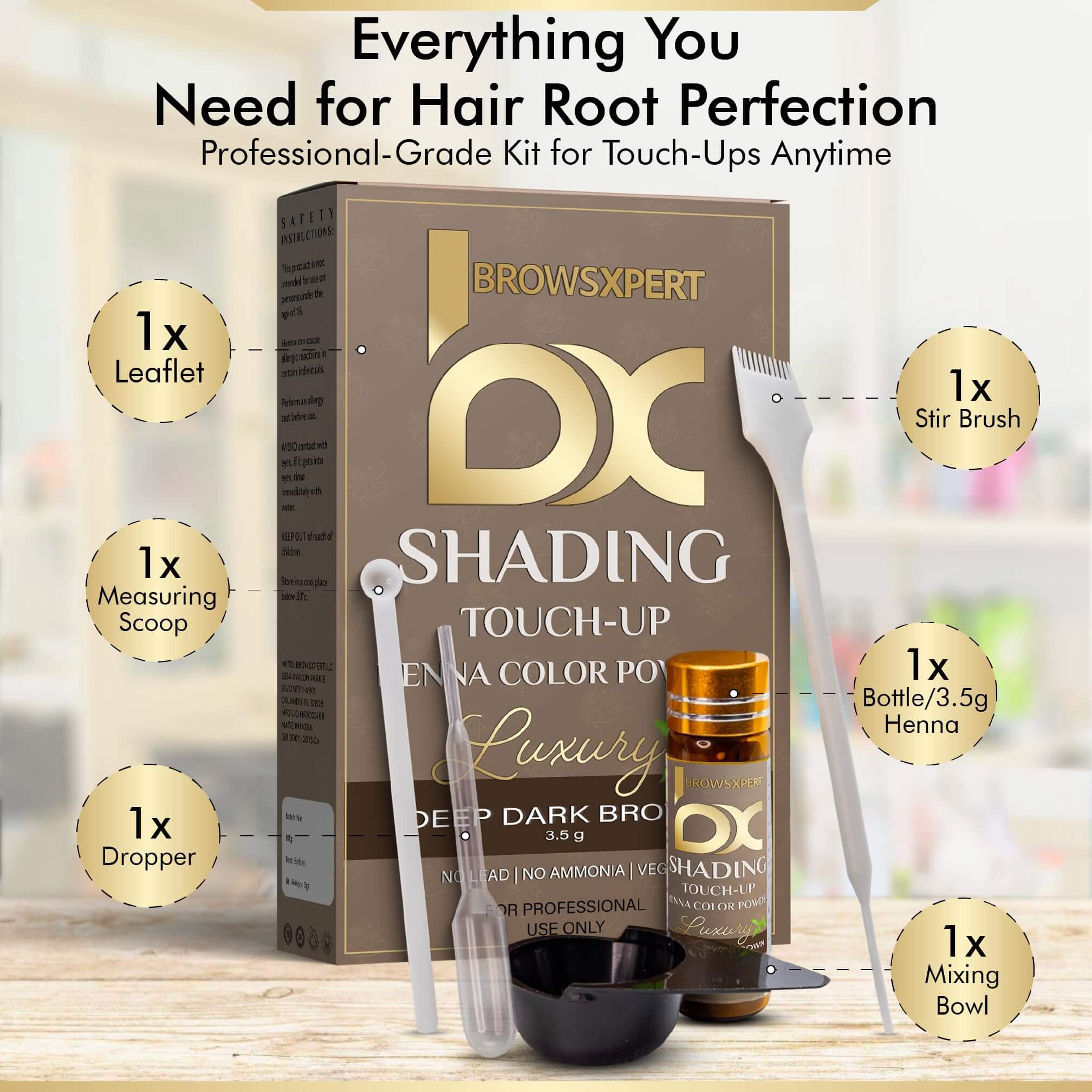 BROWSXPERT Gentle Spot Henna Hair Dye With Mixing Dish, Exclusive Stir and Brush + Follow Instructions | 3.5g | Natural Deep Dark Brown