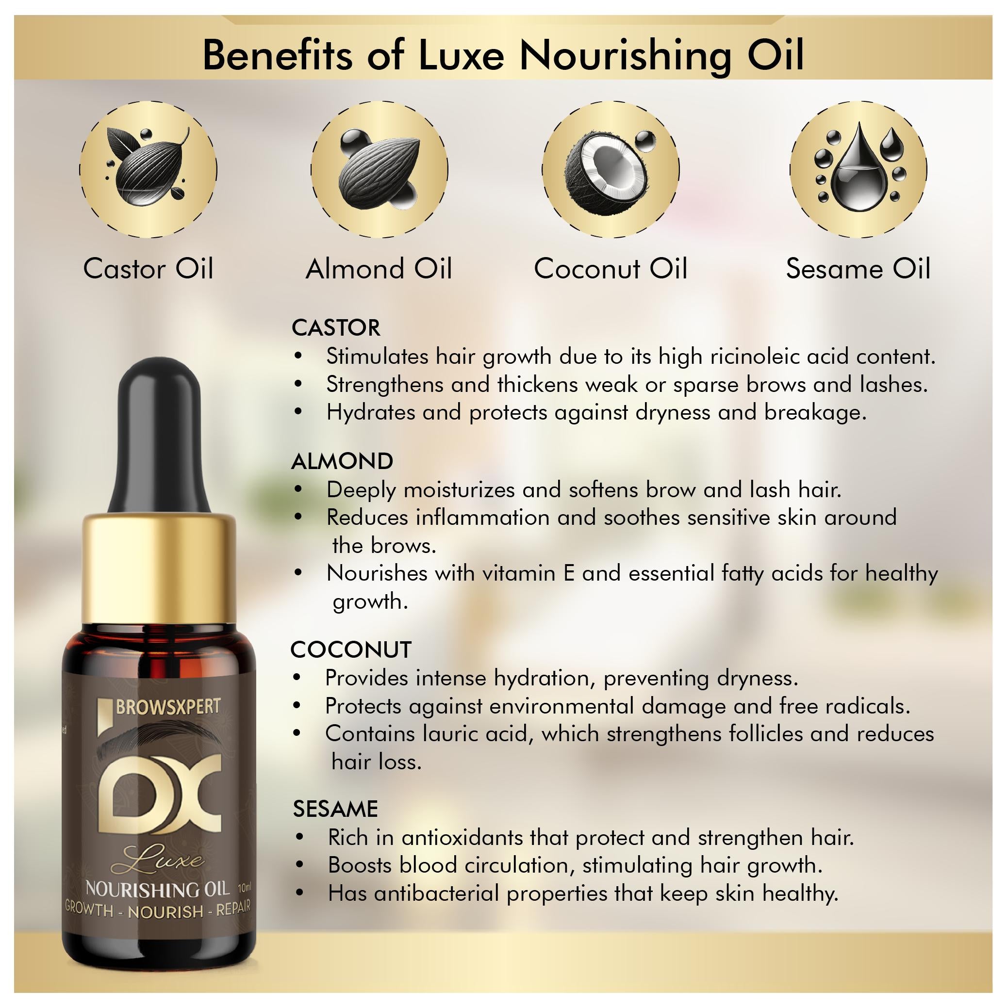 BROWSXPERT Brow Nourishing Oil - Dropper | Hair Growth, Serum for Fuller Brows | Beauty Professionals, Natural Repair | Castor Oil, Almond, Coconut, Sesame 10 ml
