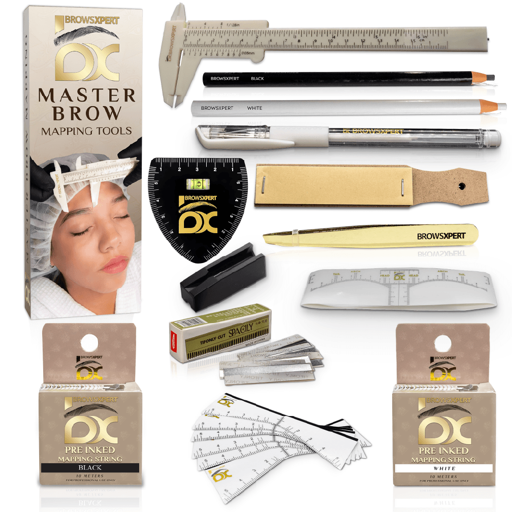 BROWSXPERT Masteriza de Mapeo de Cejas – 1 Calibrador, 2 Hilos Preentintados (Negro y Blanco), 2 Lápices (Negro y Blanco), 1 Marcador, 2 Sacapuntas, 10 Plantillas, 10 Regla Adhesivas y 1 Pinzas para Profesionales