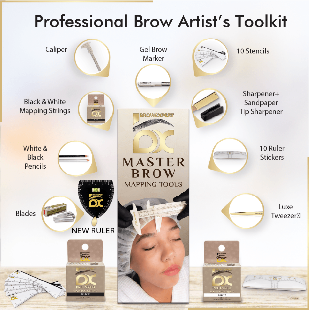 BROWSXPERT Masteriza de Mapeo de Cejas – 1 Calibrador, 2 Hilos Preentintados (Negro y Blanco), 2 Lápices (Negro y Blanco), 1 Marcador, 2 Sacapuntas, 10 Plantillas, 10 Regla Adhesivas y 1 Pinzas para Profesionales