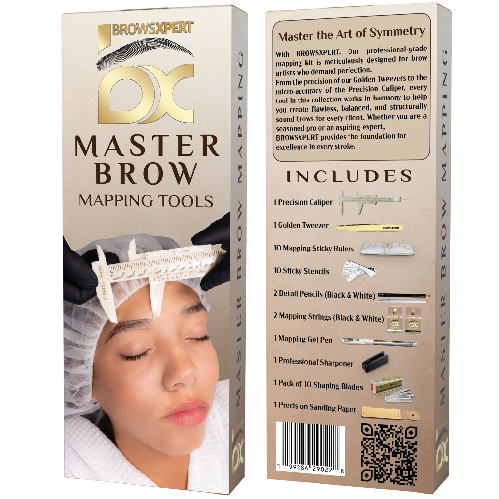 BROWSXPERT Masteriza de Mapeo de Cejas – 1 Calibrador, 2 Hilos Preentintados (Negro y Blanco), 2 Lápices (Negro y Blanco), 1 Marcador, 2 Sacapuntas, 10 Plantillas, 10 Regla Adhesivas y 1 Pinzas para Profesionales