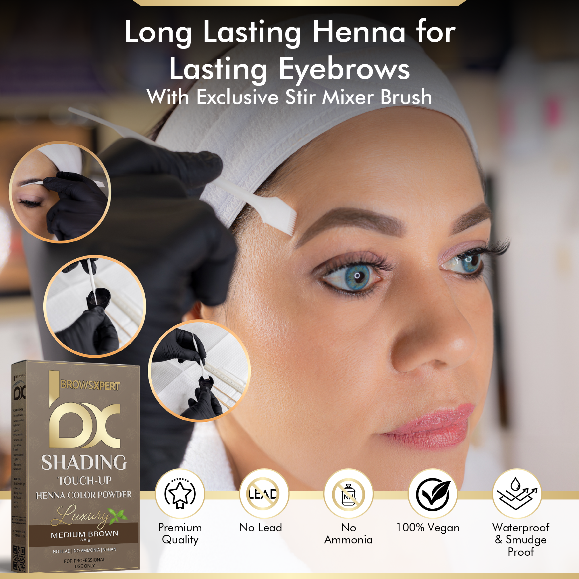 BROWSXPERT STARTER KIT (Cleanser Foam, Electric Mixer, Master Brow Mapping Kit, Plastic Film Wrap & Shading Henna Powder Touch-Up Kit)