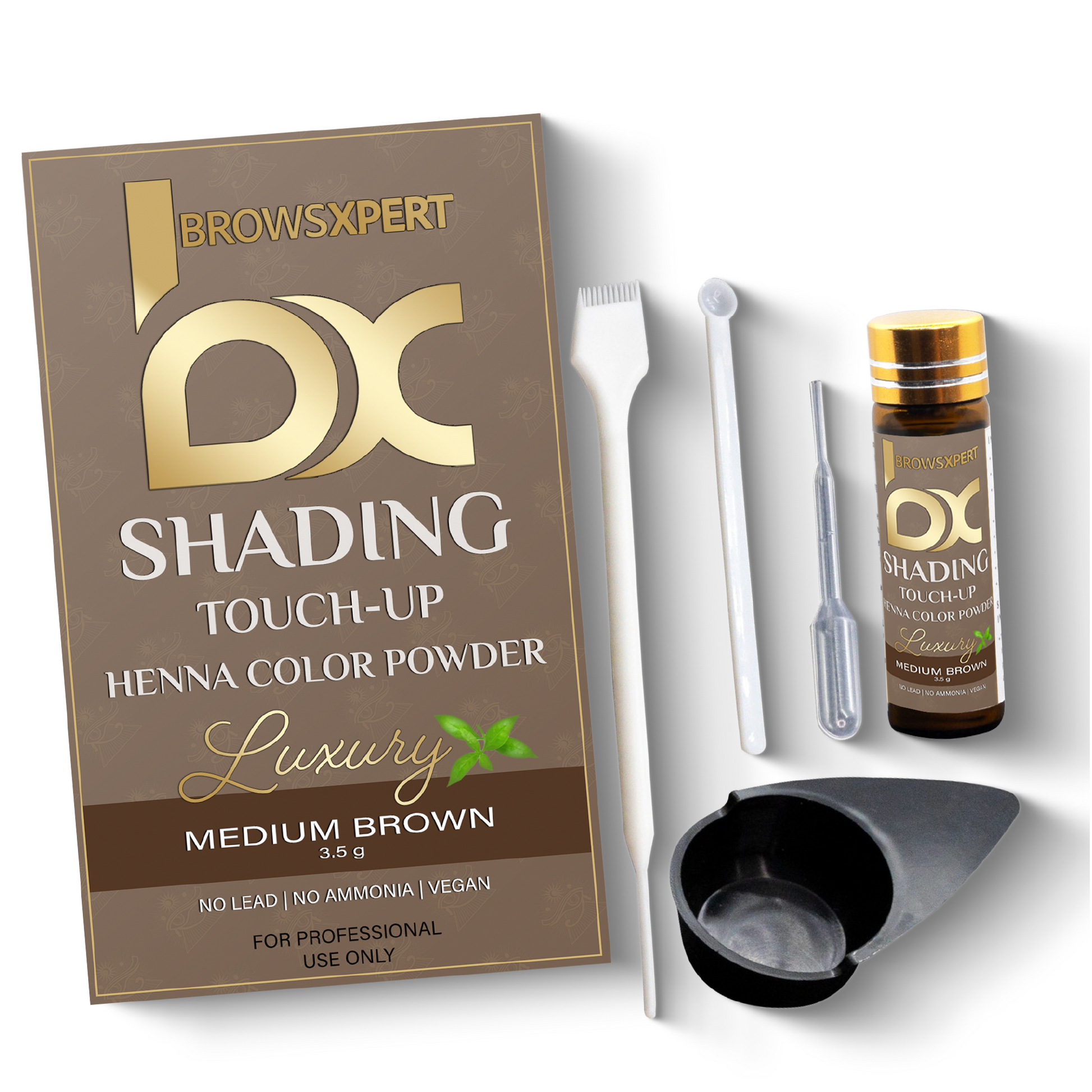 Kit de retoque de sombreado profesional BROWSXPERT — Henna herbal con plato de mezcla, batidor y brocha | 3.5g | Marrón profundo natural oscuro