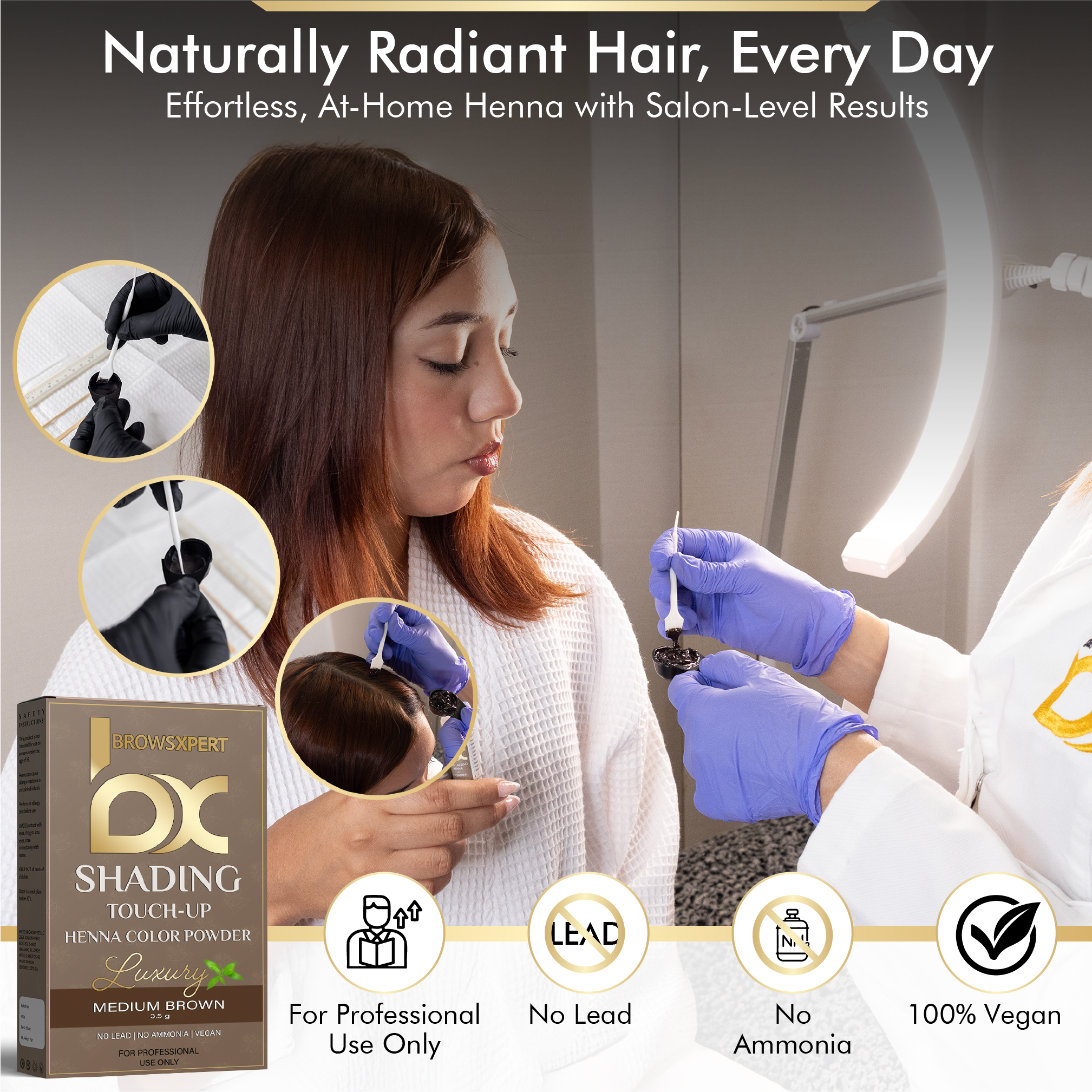 BROWSXPERT Professional Shading Touch-Up Kit — Herbal Henna with Mixing Dish, Stir & Brush | 3.5g | Medium Natural Brown