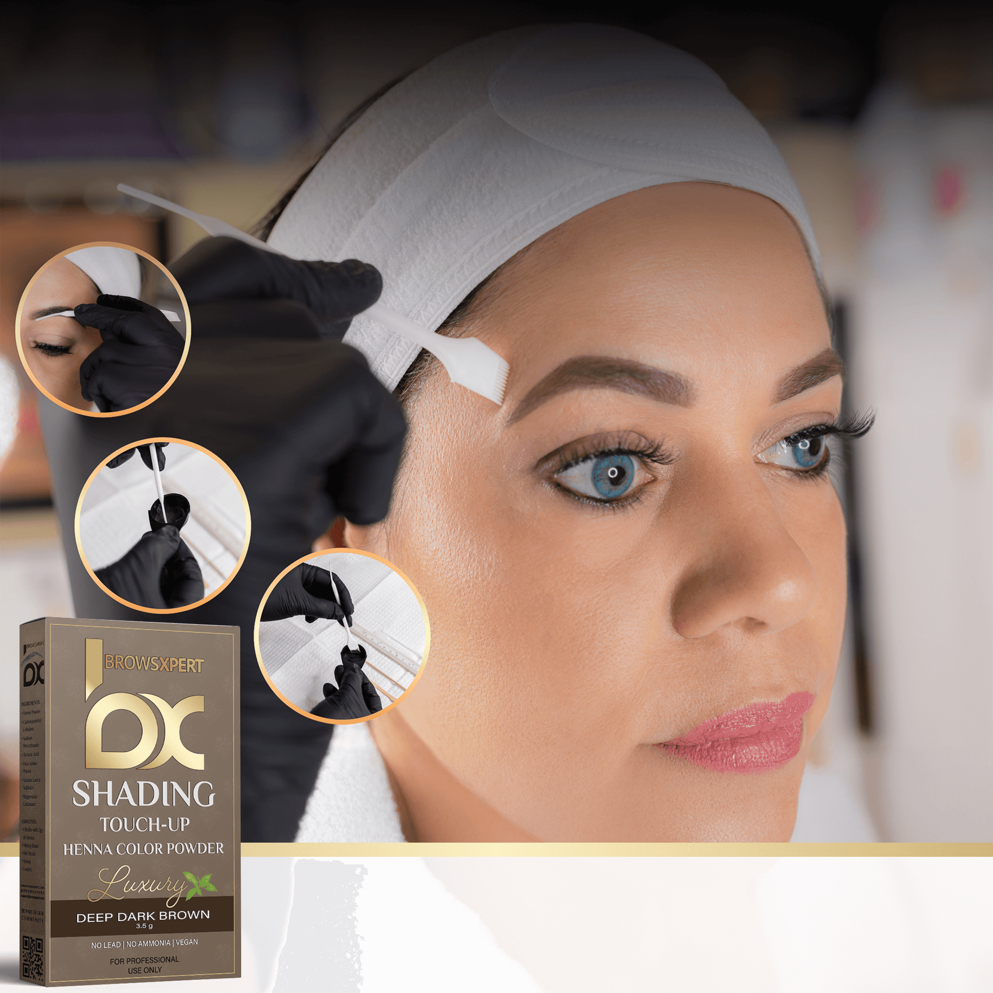 Kit de retoque de sombreado profesional BROWSXPERT — Henna herbal con plato de mezcla, batidor y brocha | 3.5g | Marrón profundo natural oscuro