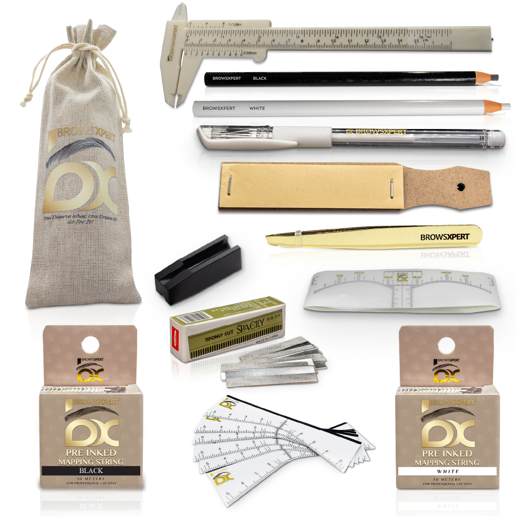 BROWSXPERT Master Brow Mapping Kit – 1 Caliper, 2 Pre-Inked Threads (Black and White), 2 Pencils (Black & White), 1 Marker, 2 Sharpeners, 10 Stencils, 10 Sticky Rulers and 1 Tweezers for Professionals