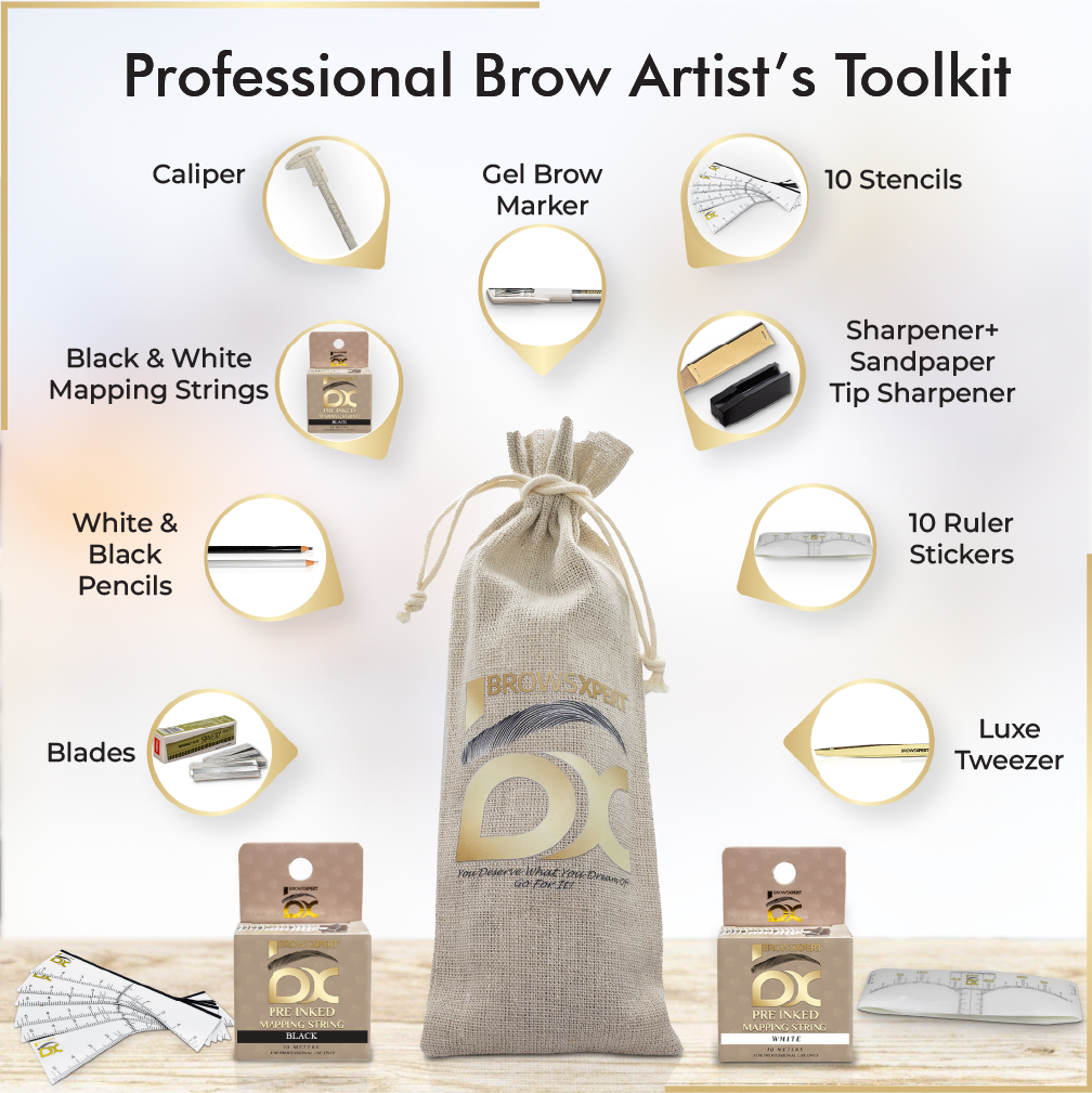 BROWSXPERT Master Brow Mapping Kit – 1 Caliper, 2 Pre-Inked Threads (Black and White), 2 Pencils (Black & White), 1 Marker, 2 Sharpeners, 10 Stencils, 10 Sticky Rulers and 1 Tweezers for Professionals