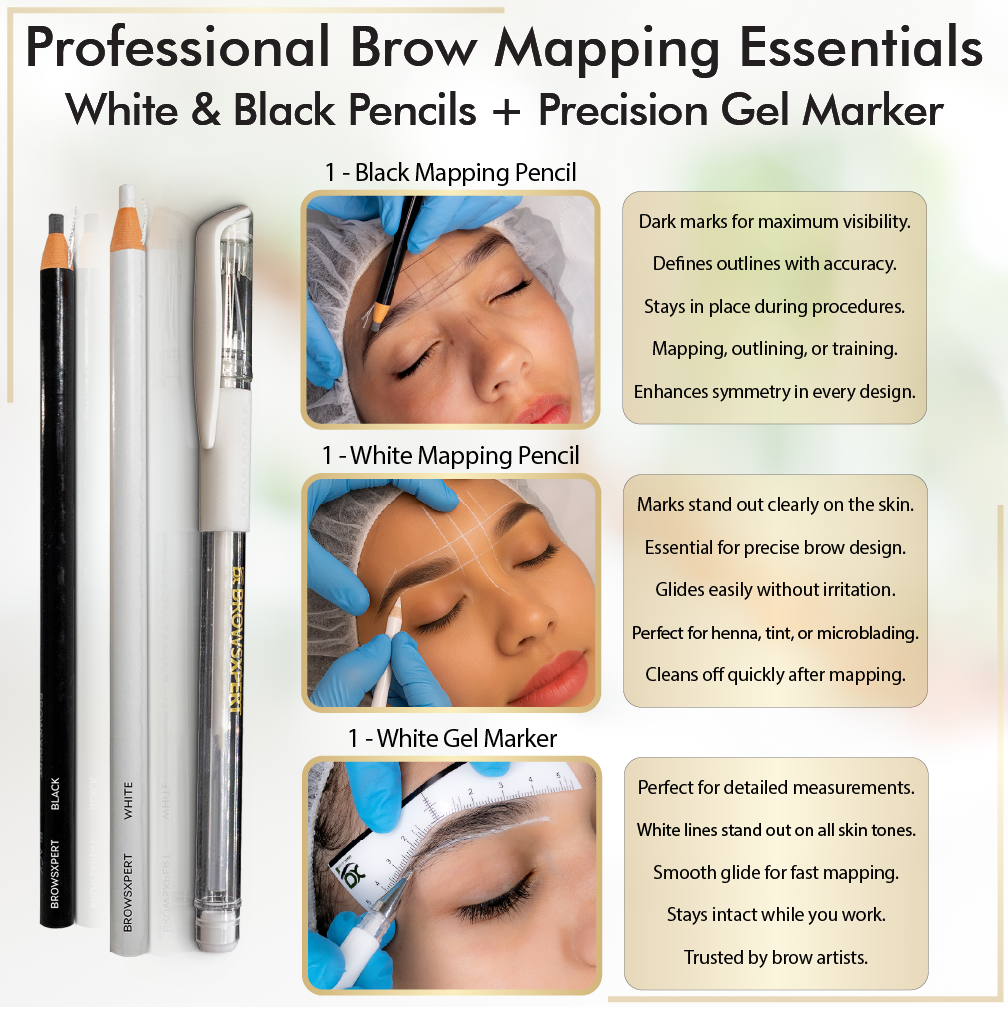 BROWSXPERT Master Brow Mapping Kit – 1 Caliper, 2 Pre-Inked Threads (Black and White), 2 Pencils (Black & White), 1 Marker, 2 Sharpeners, 10 Stencils, 10 Sticky Rulers and 1 Tweezers for Professionals