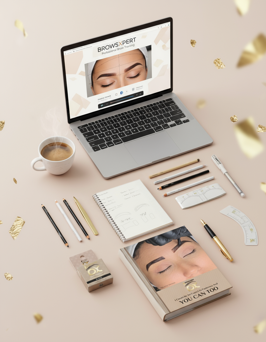 BROWSXPERT Education and Training category image showing laptop, notebook, and professional brow tools for online beauty courses and mapping education.
